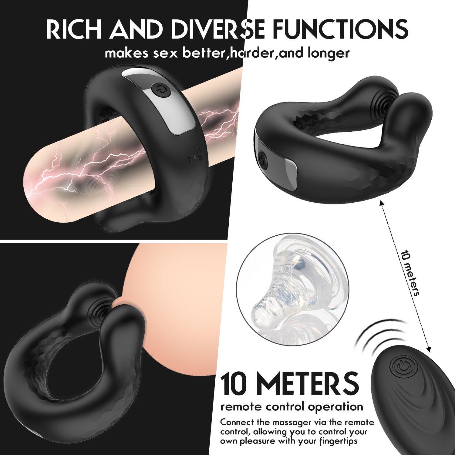 The black U-shaped electric male cock ring has multiple functions to enhance the sexual experience