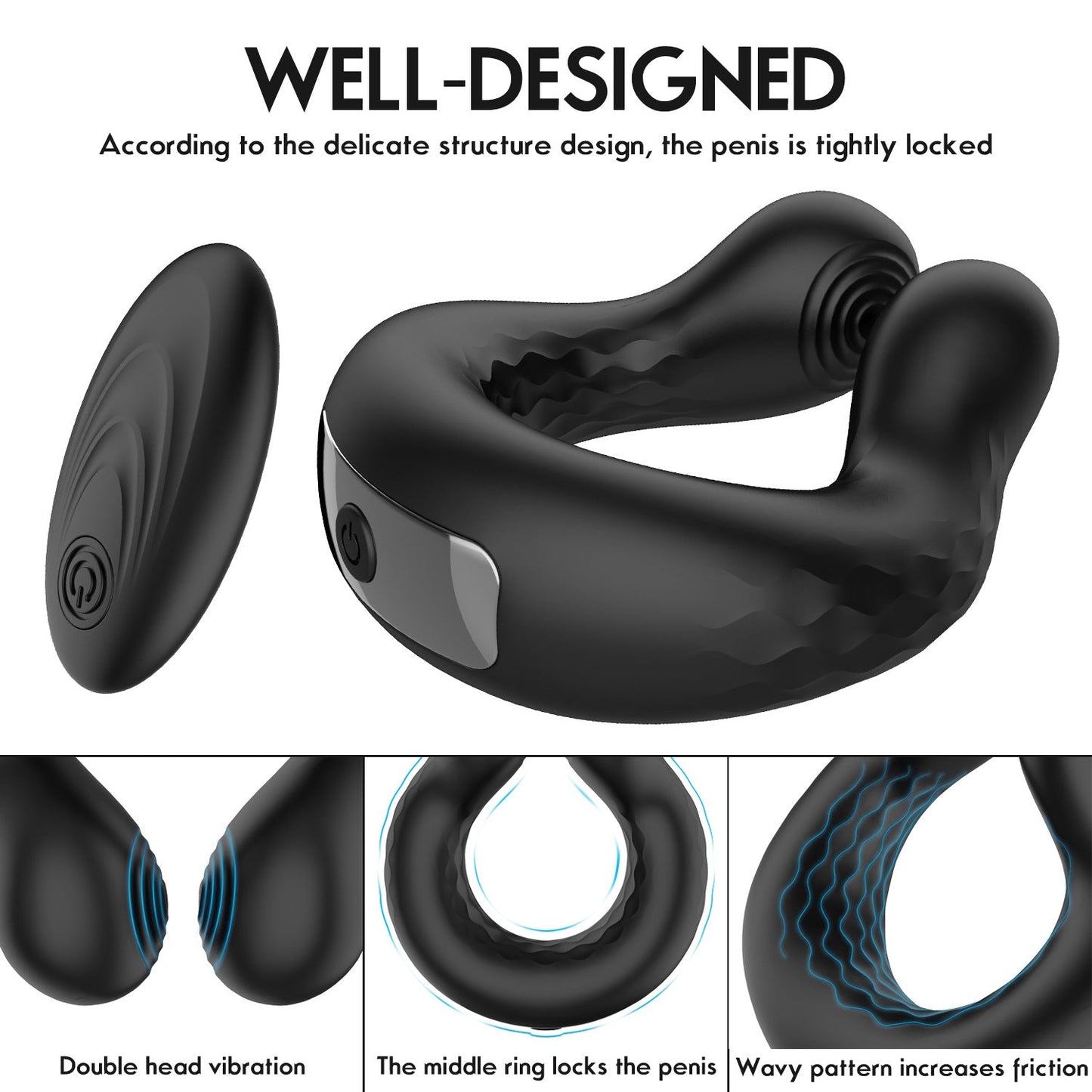 The black U-shaped electric male cock ring features an ergonomic design for comfortable wear
