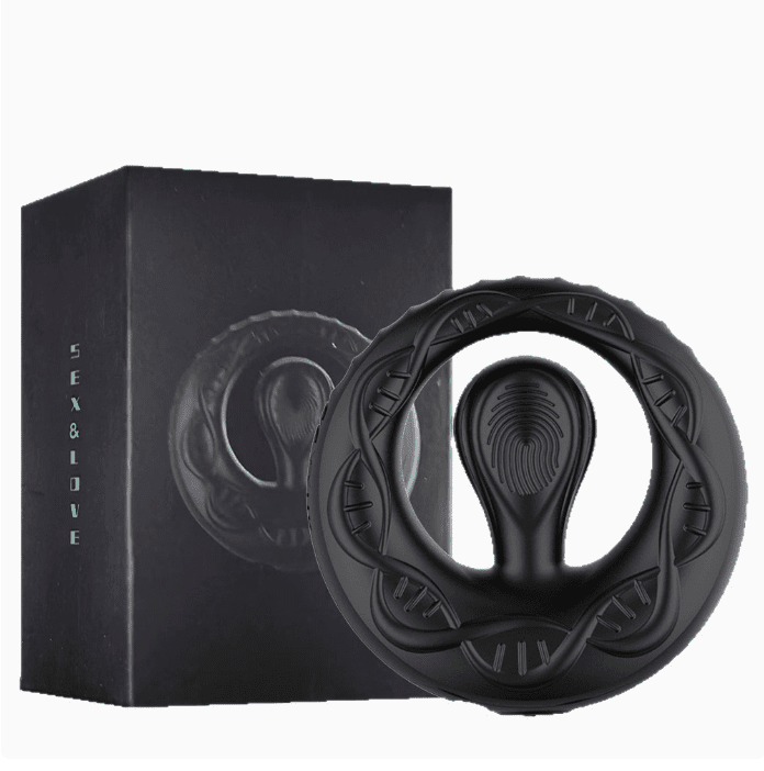 Black wearable electric male prostate stimulator packaging and product display