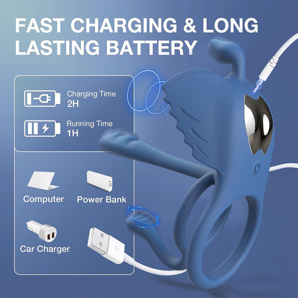Blue silicone particle electric male prostate stimulator with cock ring features fast charging and long battery life design