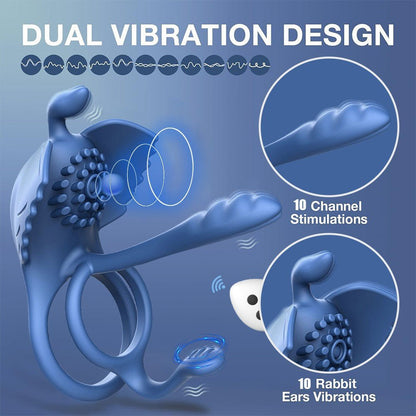 Blue silicone particle electric male prostate stimulator with cock ring features dual vibration design