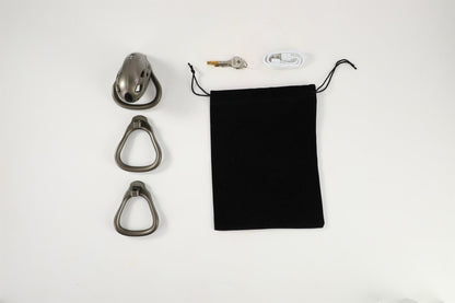 Display of all accessories for the bronze metal male chastity cage