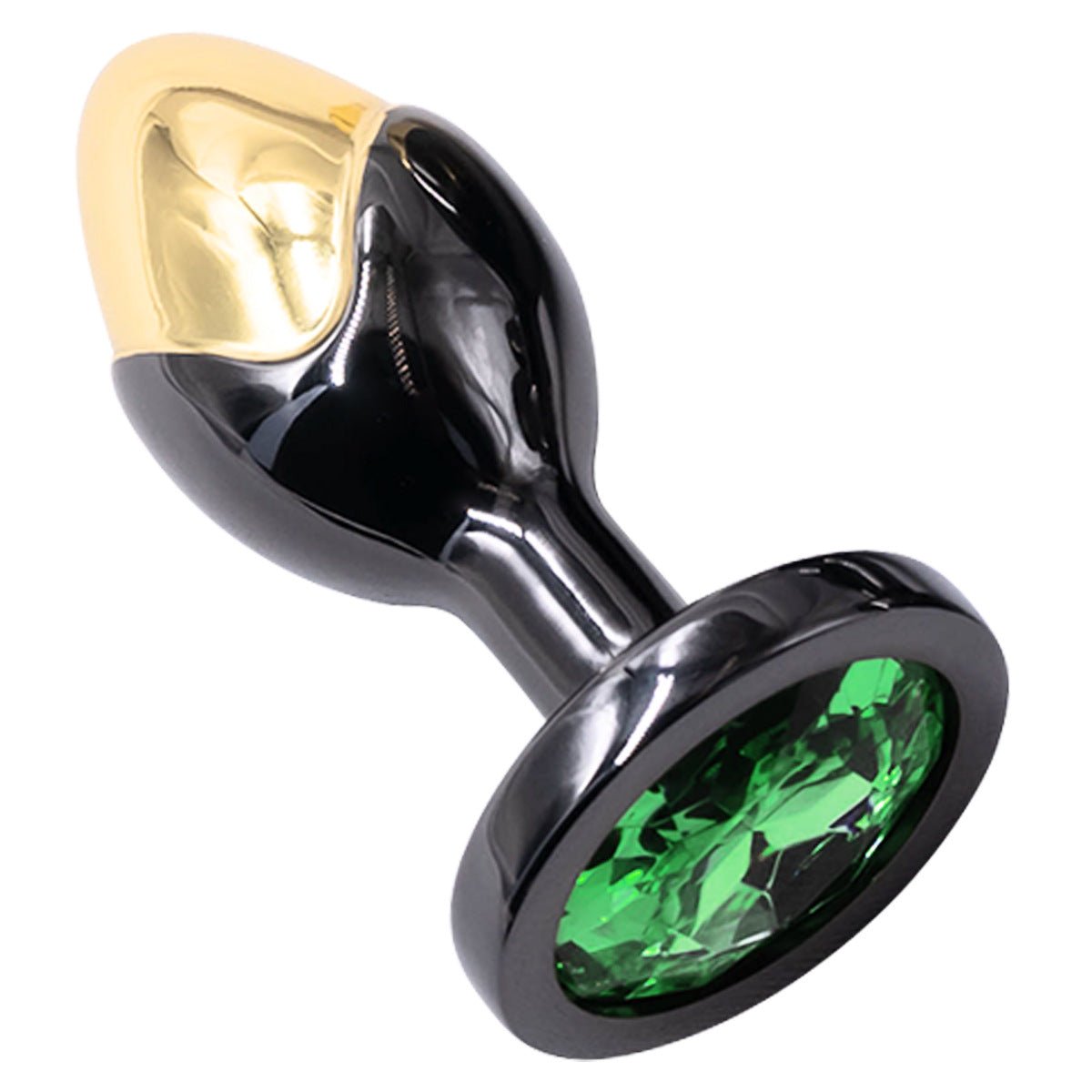 Gold gemstone base with threaded metal butt plug, green gemstone base shown.
