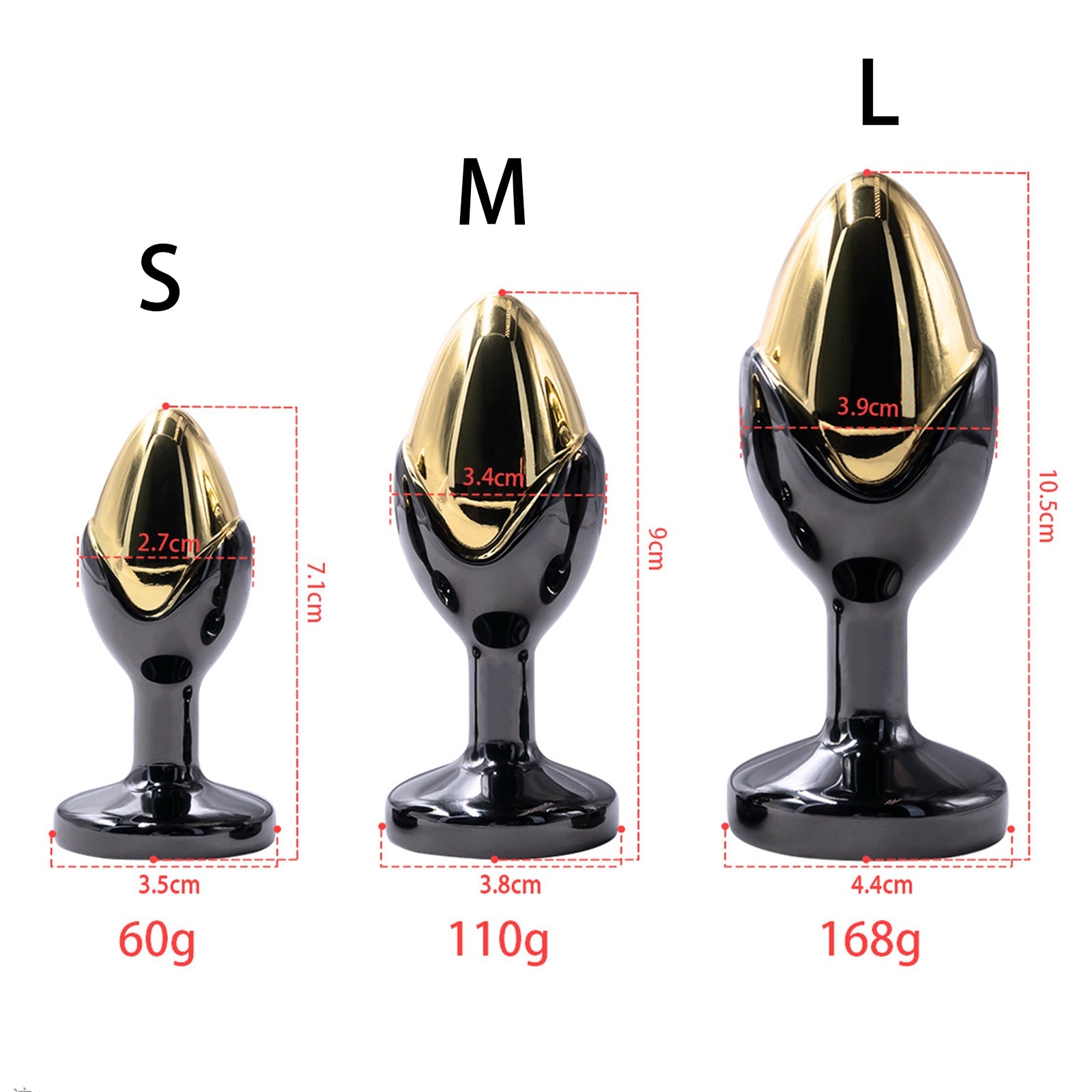 Gold gemstone base with threaded metal butt plug size chart