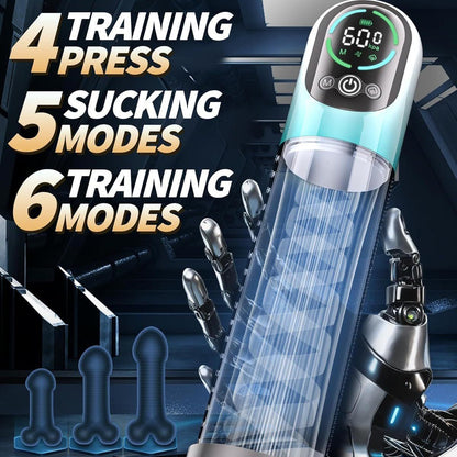 The handheld screen display electric male masturbator has 4 squeezing modes, 5 suction modes, and 6 training modes