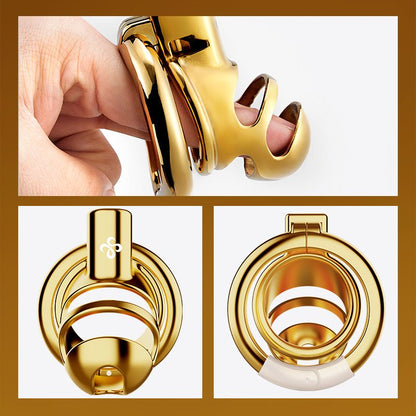 Luxury Gold Stainless Steel Chastity Cage with 50mm Hinged Ring, Rhinoceros Horn Male Chastity Device with Dual Remote Control and Key Unlock System - Nightloom Sex Toy Shop