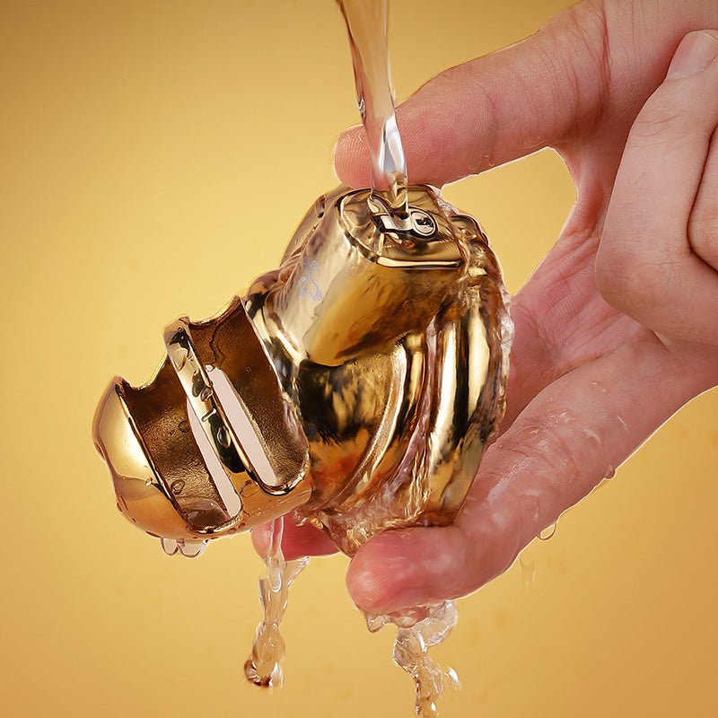 Luxury Gold Stainless Steel Chastity Cage with 50mm Hinged Ring, Rhinoceros Horn Male Chastity Device with Dual Remote Control and Key Unlock System - Nightloom Sex Toy Shop
