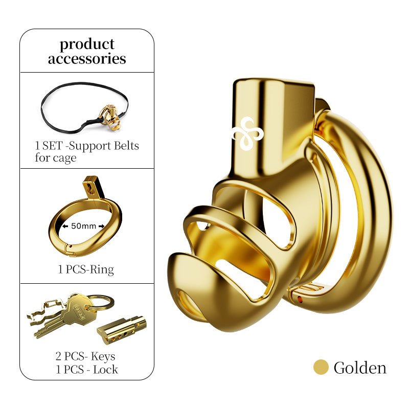 Luxury Gold Stainless Steel Chastity Cage with 50mm Hinged Ring, Rhinoceros Horn Male Chastity Device with Dual Remote Control and Key Unlock System - Nightloom Sex Toy Shop
