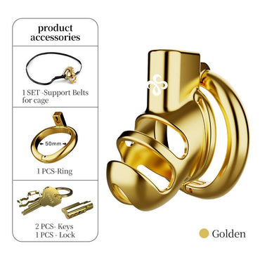 Luxury Gold Stainless Steel Chastity Cage with 50mm Hinged Ring, Rhinoceros Horn Male Chastity Device with Dual Remote Control and Key Unlock System - Nightloom Sex Toy Shop
