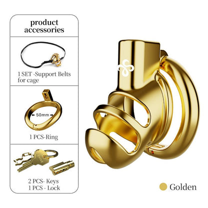 Luxury Gold Stainless Steel Chastity Cage with 50mm Hinged Ring, Rhinoceros Horn Male Chastity Device with Dual Remote Control and Key Unlock System - Nightloom Sex Toy Shop