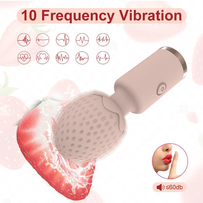 The mini strawberry design magic wand female vibrator features 10 vibration frequencies