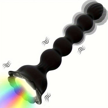 Multicolor LED Light Vibrating Beaded Silicone Anal Plug with Suction Base - Nightloom Sex Toy Shop
