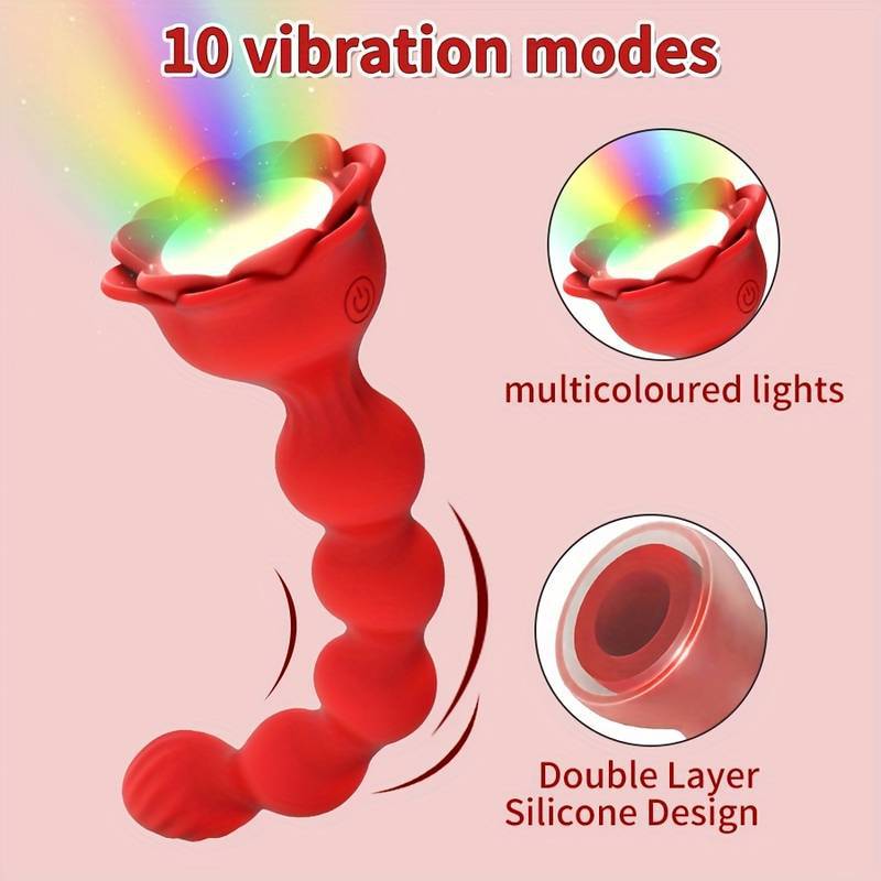 Multicolor LED Light Vibrating Beaded Silicone Anal Plug with Suction Base - Nightloom Sex Toy Shop