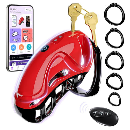 red app control vibrating male chastity cage