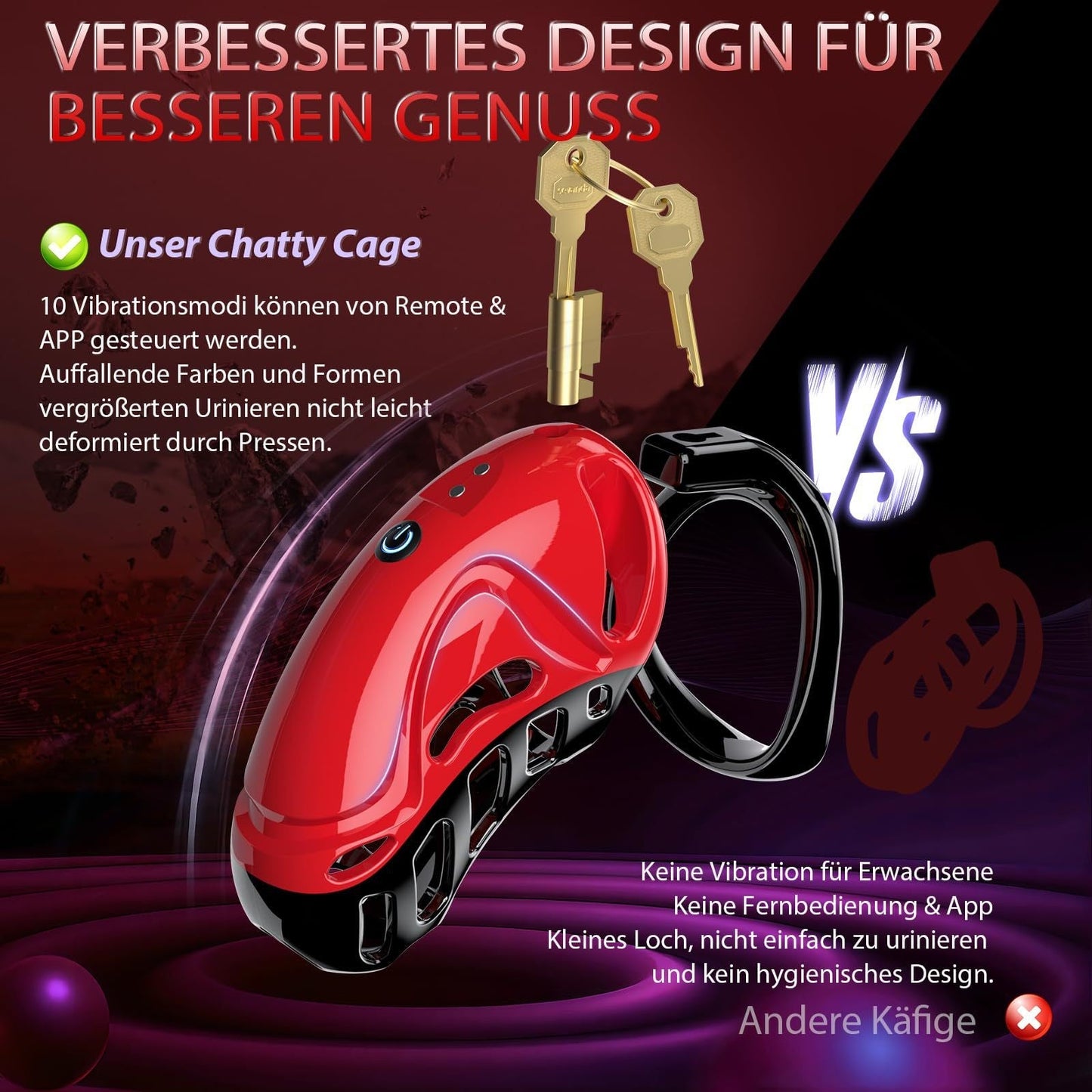 The red app control vibrating male chastity cage is ergonomically designed for comfortable wear