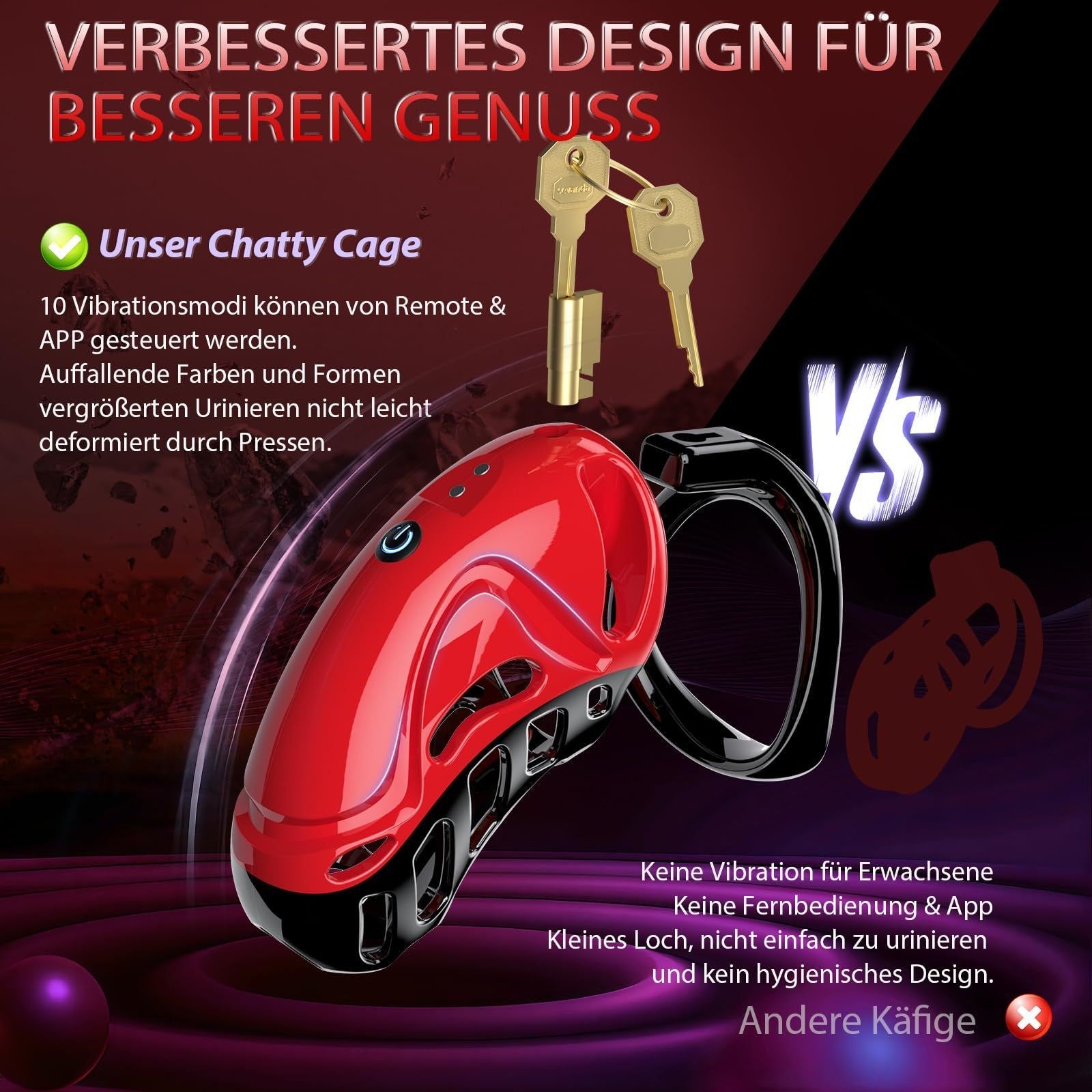 The red app control vibrating male chastity cage is ergonomically designed for comfortable wear