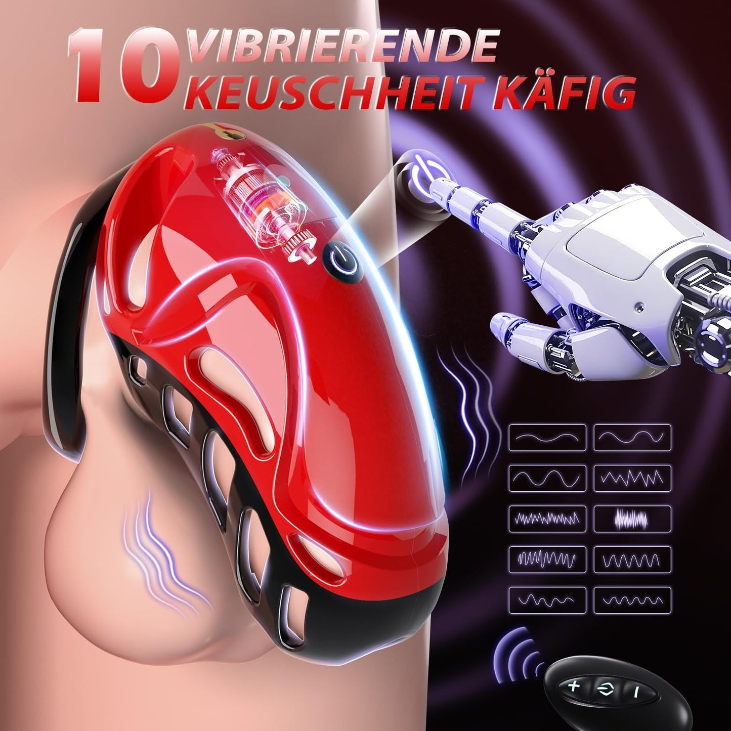 The red app controls the vibrating male chastity cage, which has 10 vibration frequencies