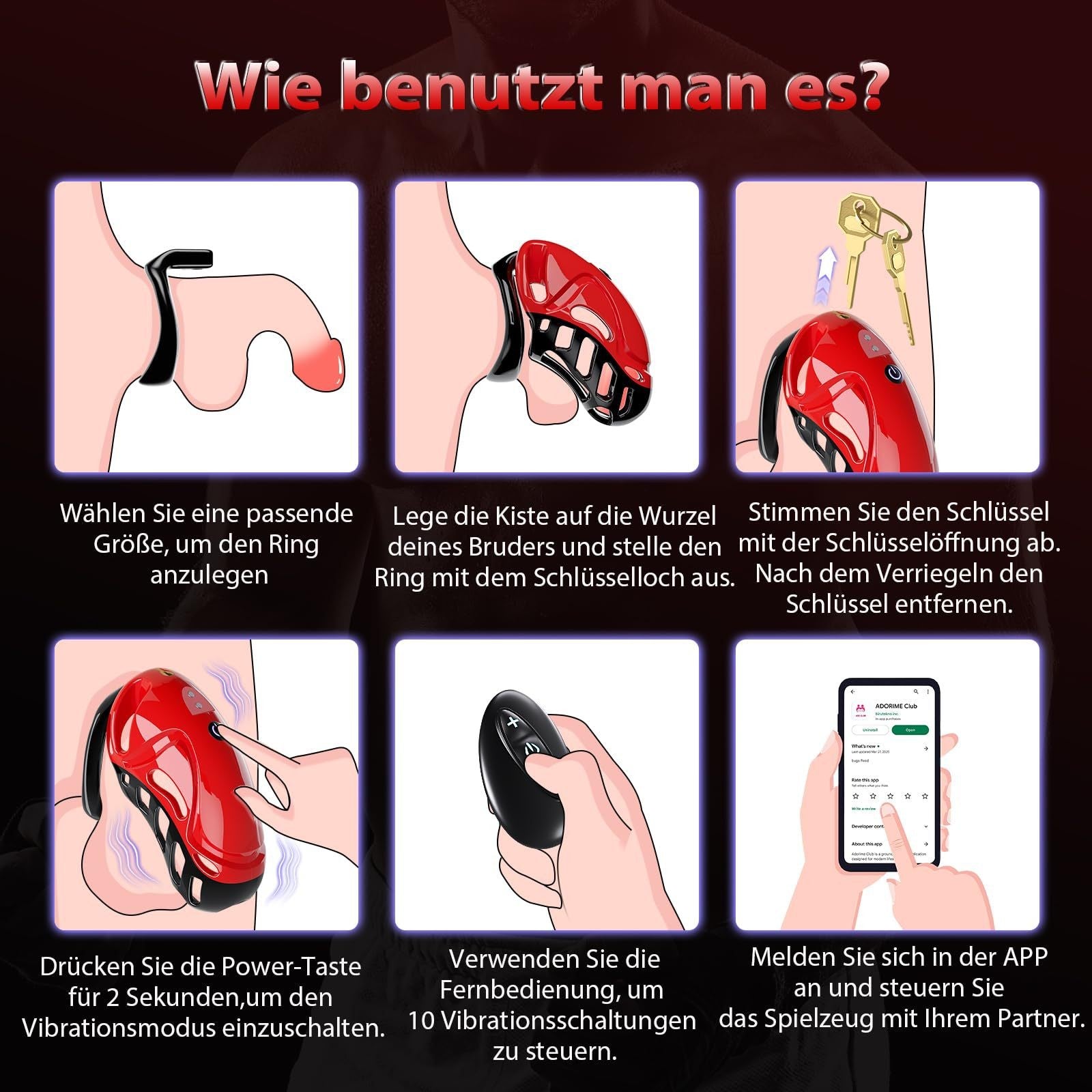 Red app control vibrating male chastity cage Instructions for use
