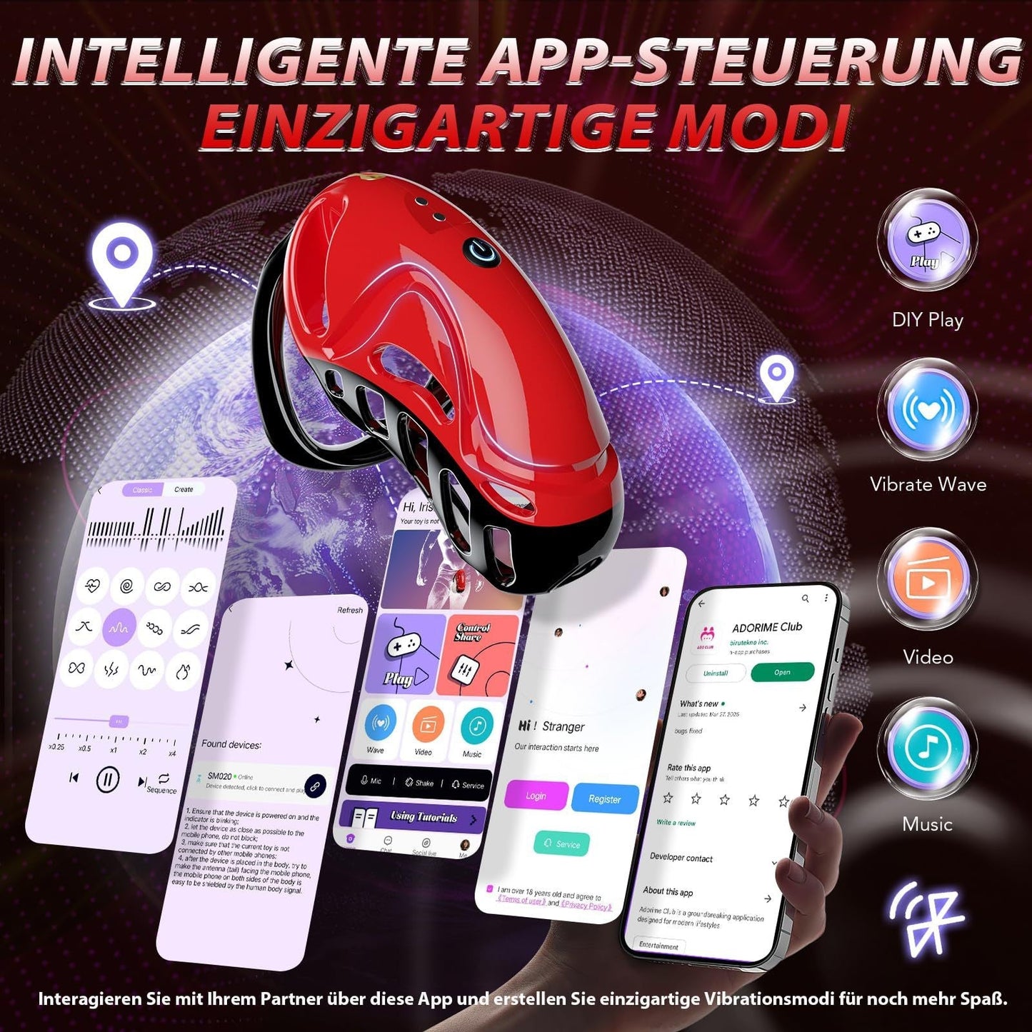 The red app control vibrating male chastity cage allows for interactive fun between two players