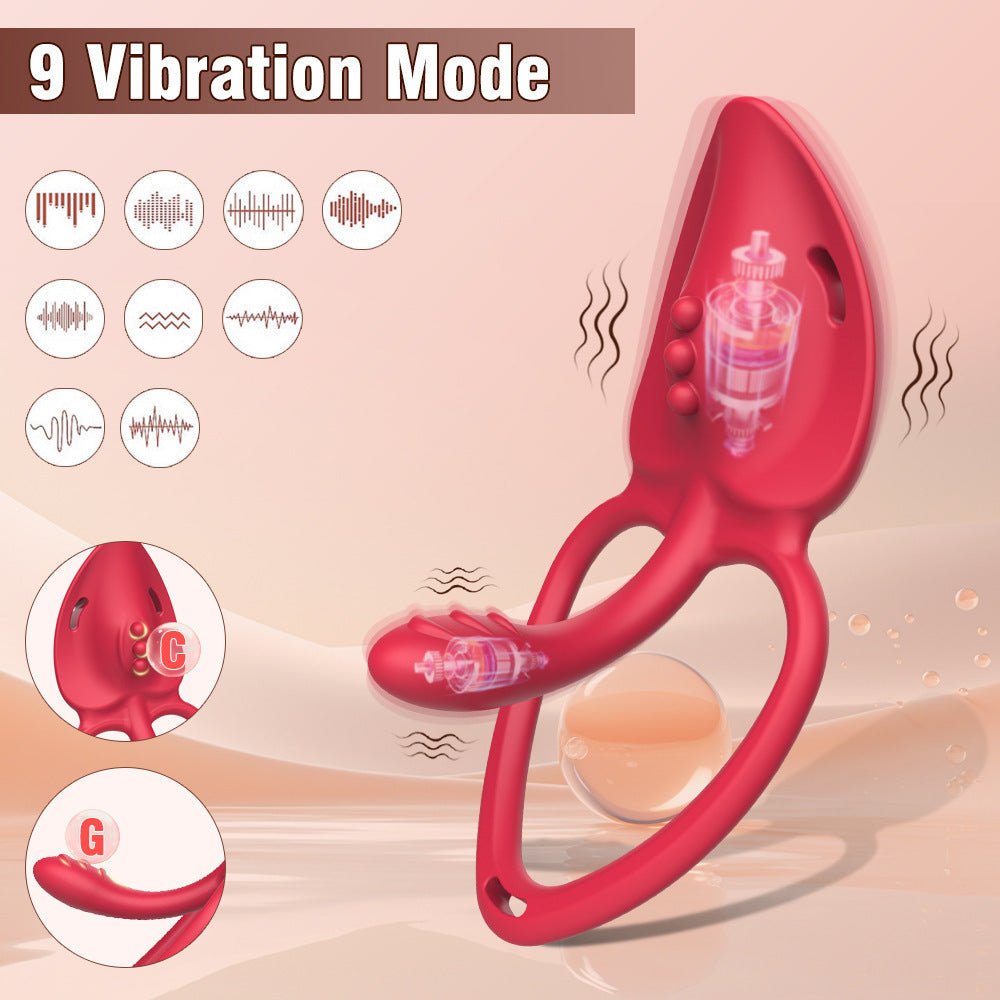The red double clitoral stimulation ring design female vibrator has 9 vibration modes