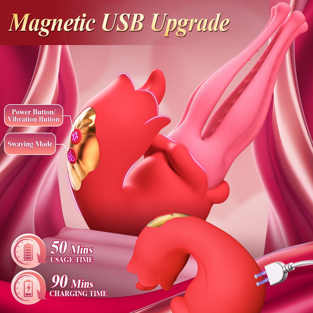The red rosebud-shaped tongue suction clitoral vibrator uses magnetic charging and has a 50-minute usage time