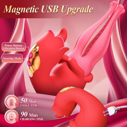 The red rosebud-shaped tongue suction clitoral vibrator uses magnetic charging and has a 50-minute usage time
