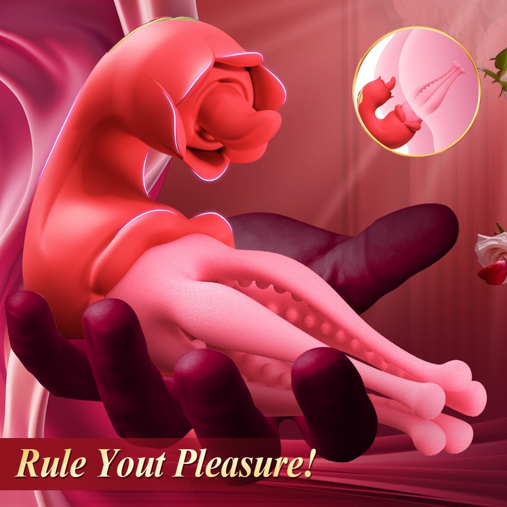 The red rosebud-shaped tongue suction clitoral vibrator provides a comfortable stimulating experience