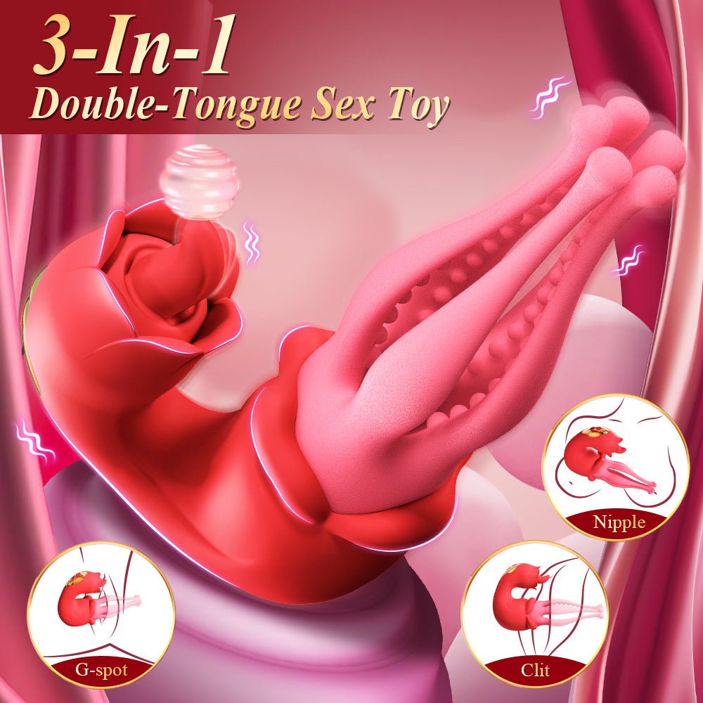 The red rosebud-shaped tongue suction clitoral vibrator has three usage modes: nipple, clitoris, and G-spot