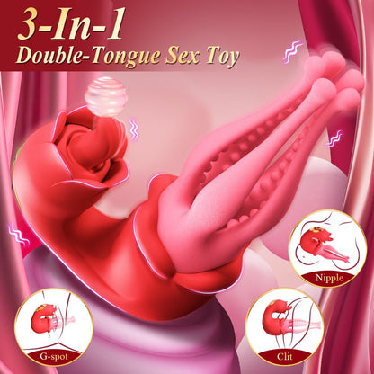 The red rosebud-shaped tongue suction clitoral vibrator has three usage modes: nipple, clitoris, and G-spot