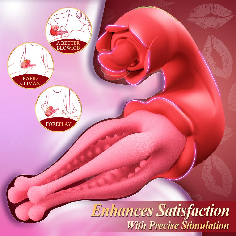 The red rosebud-shaped tongue suction clitoral vibrator is designed to stimulate sensitive areas