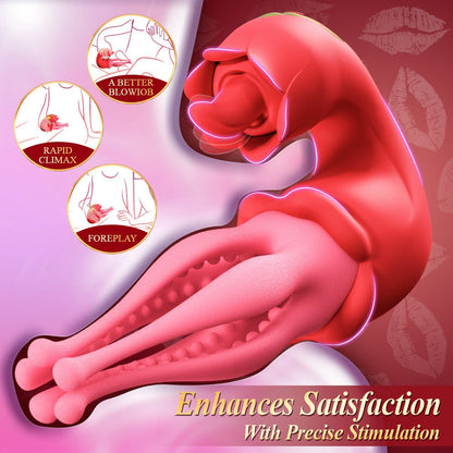 The red rosebud-shaped tongue suction clitoral vibrator is designed to stimulate sensitive areas