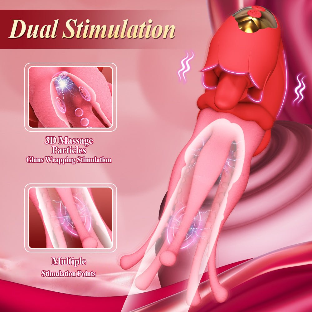 The red rosebud-shaped tongue suction clitoral vibrator provides dual stimulation