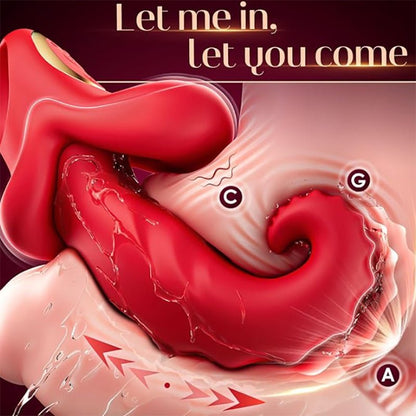 The curved design of the S-shaped red tongue female vibrator can stimulate the A, U, and G points.