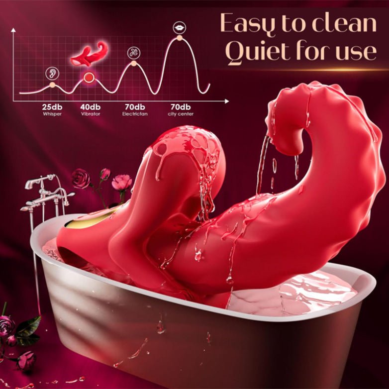 The S-shaped red curved tongue female vibrator features a waterproof and low-noise design