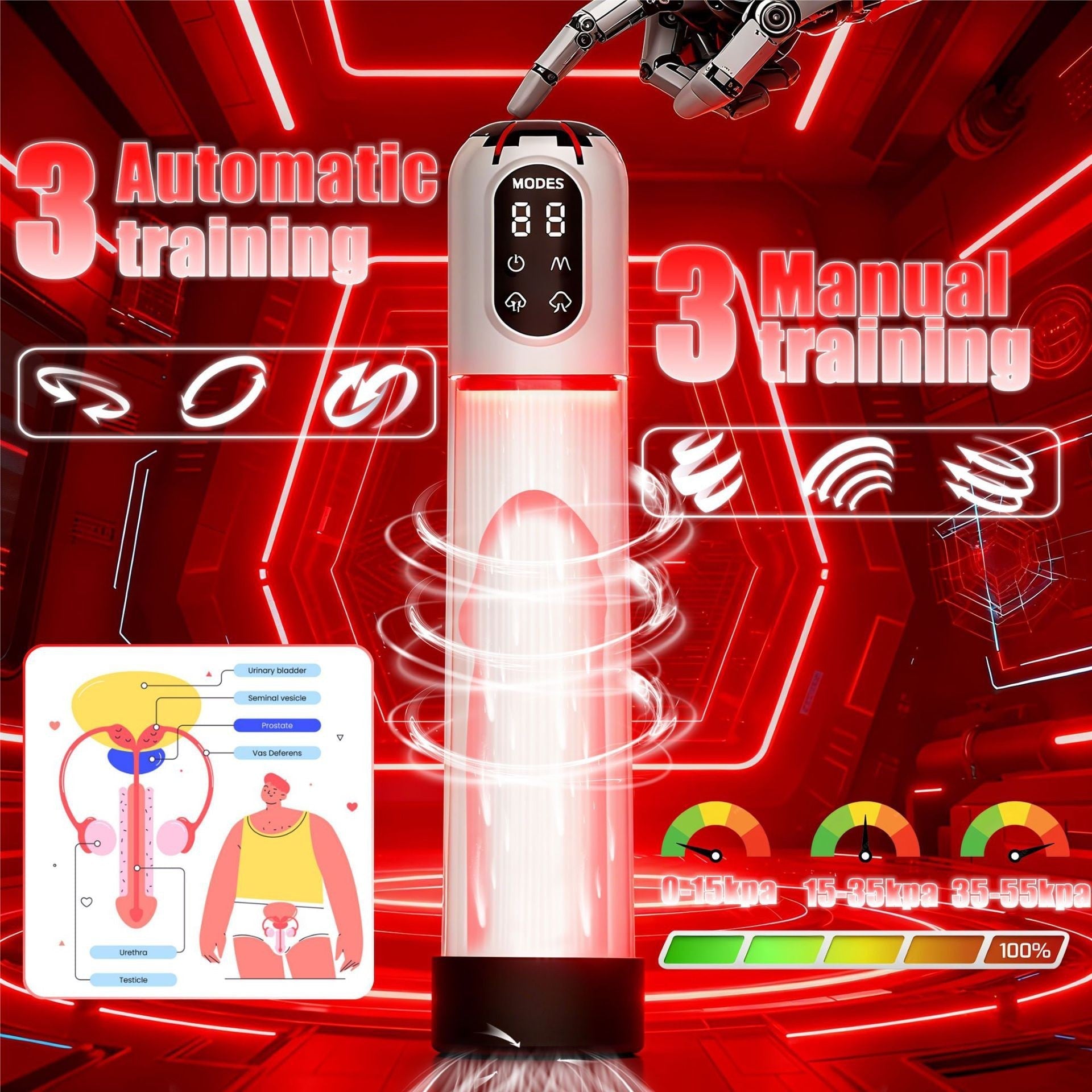 The white handheld electric multifunctional male masturbator has 3 penis training modes